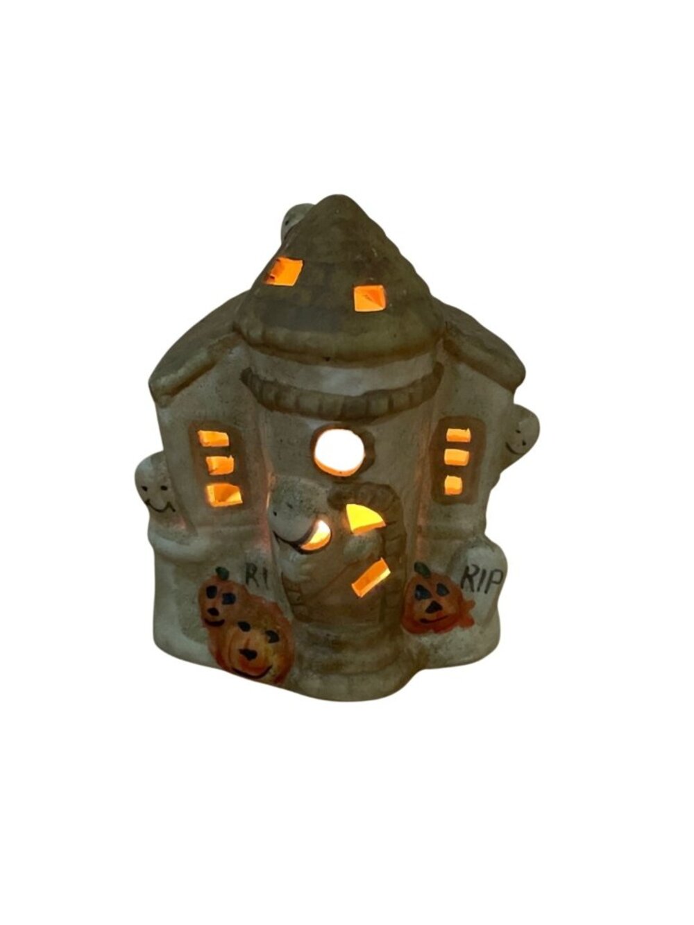 Vtg Halloween Village Haunted House Tea Light Holder 4.5 in. Ghosts Pumpkins RIP
